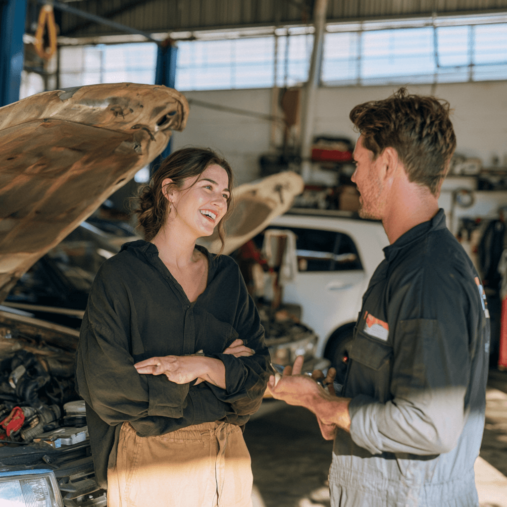 A mechanic explaining a repair to a smiling customer over an open bonnet
